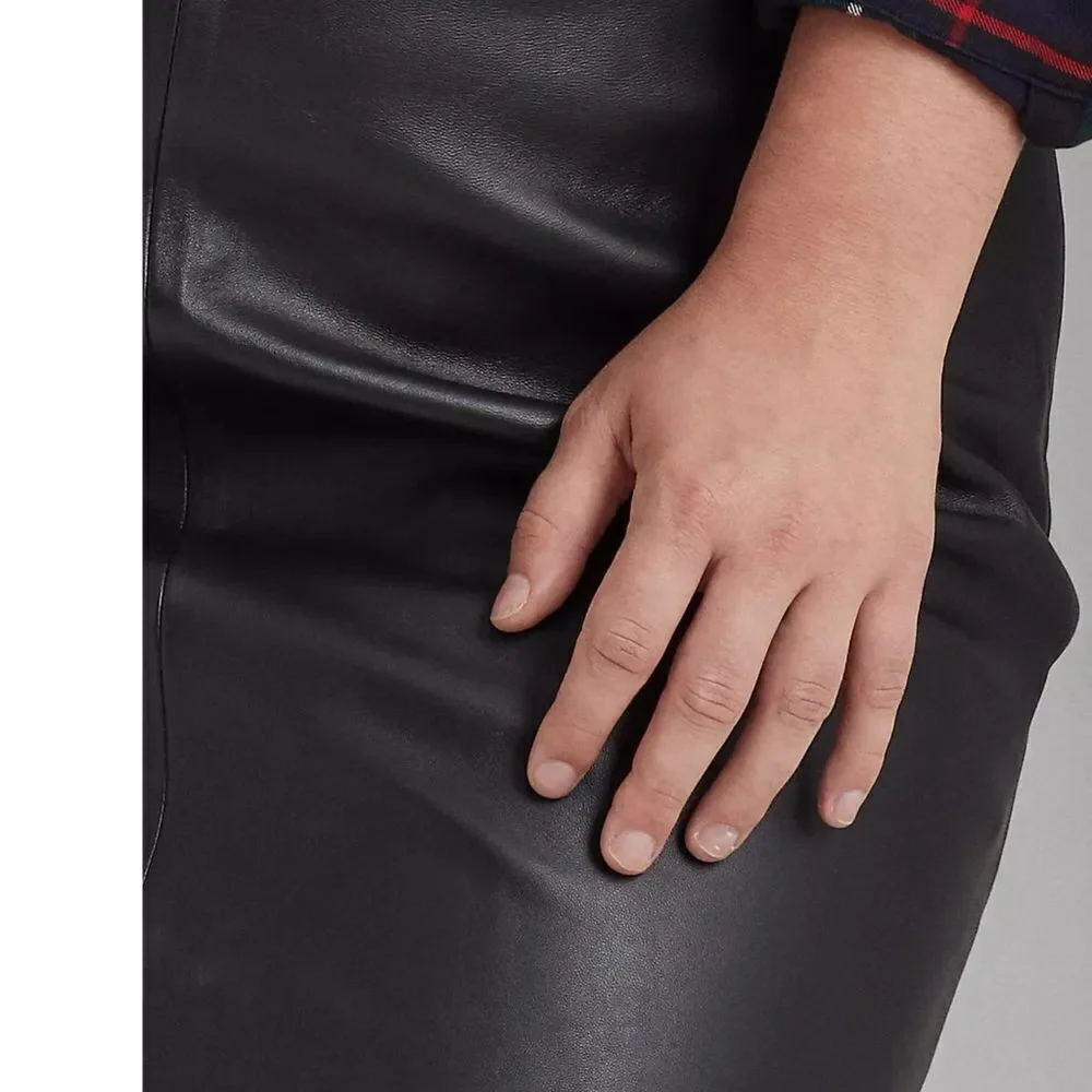 New! RALPH LAUREN Plus Size Lamb Leather Pencil Mini Skirt Black 14W Miniskirt